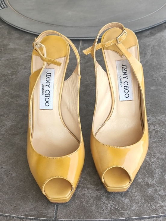 Jimmy Choo Shoes - Jimmy Choo Yellow Patent Leather Peep-Toe Slingback Heels